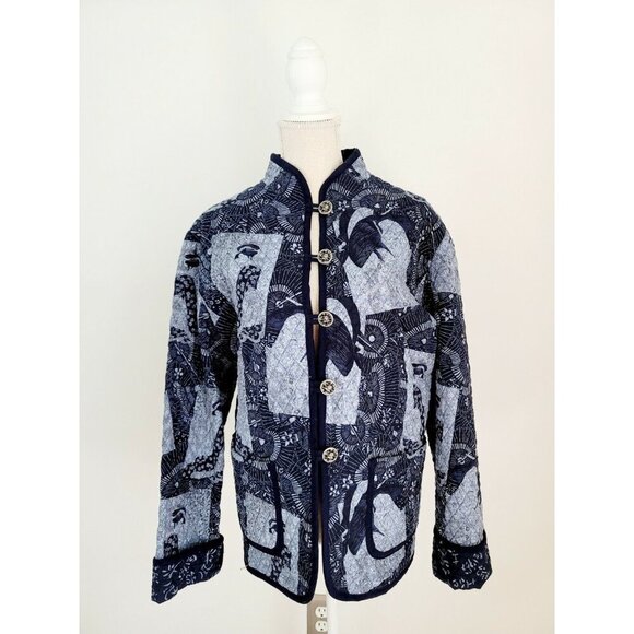 Quilted Blue Chinoiserie Asian Upcycle Patchwork Japanese Blanket Jacket L XL - Picture 1 of 12